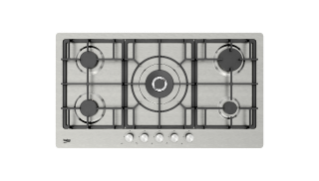 Table de cuisson à gaz encastrable avec 4 Bruleurs + un bruleur Wok 90 cm , Inox BEKO