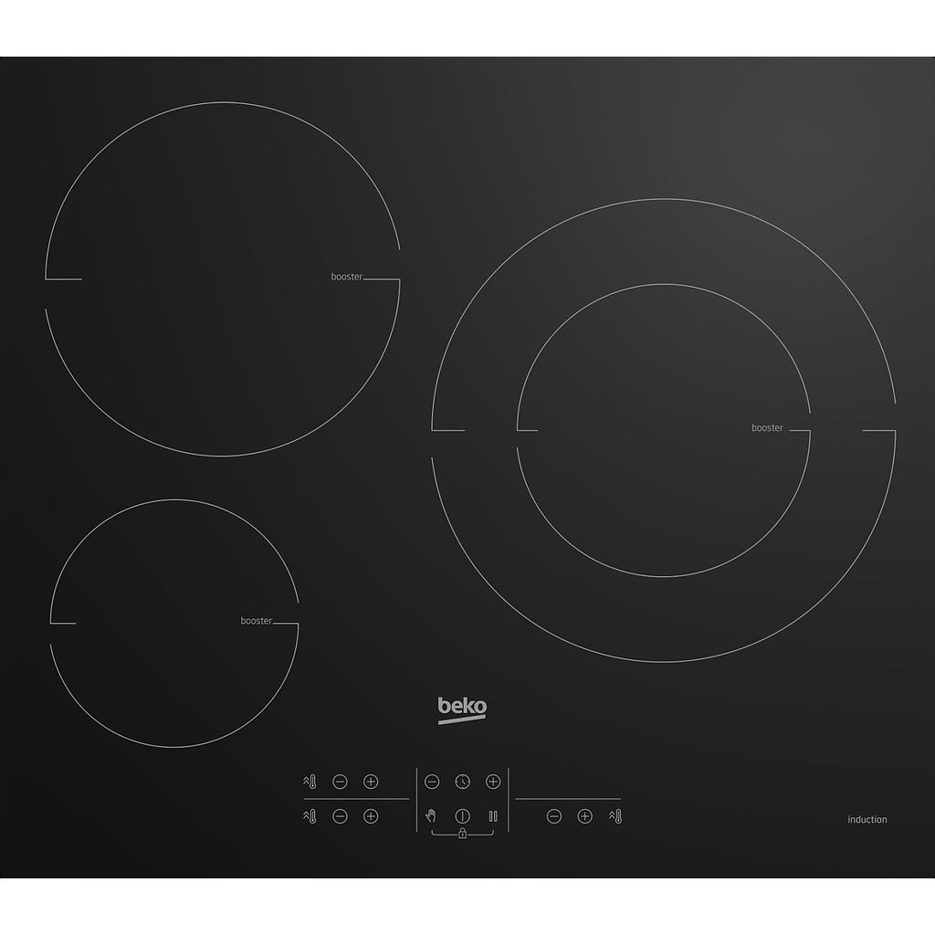 HII61M - Table de cuisson électrique à induction encastrable avec 3 foyers 60 cm , Vitre Noir GRUNDIG
